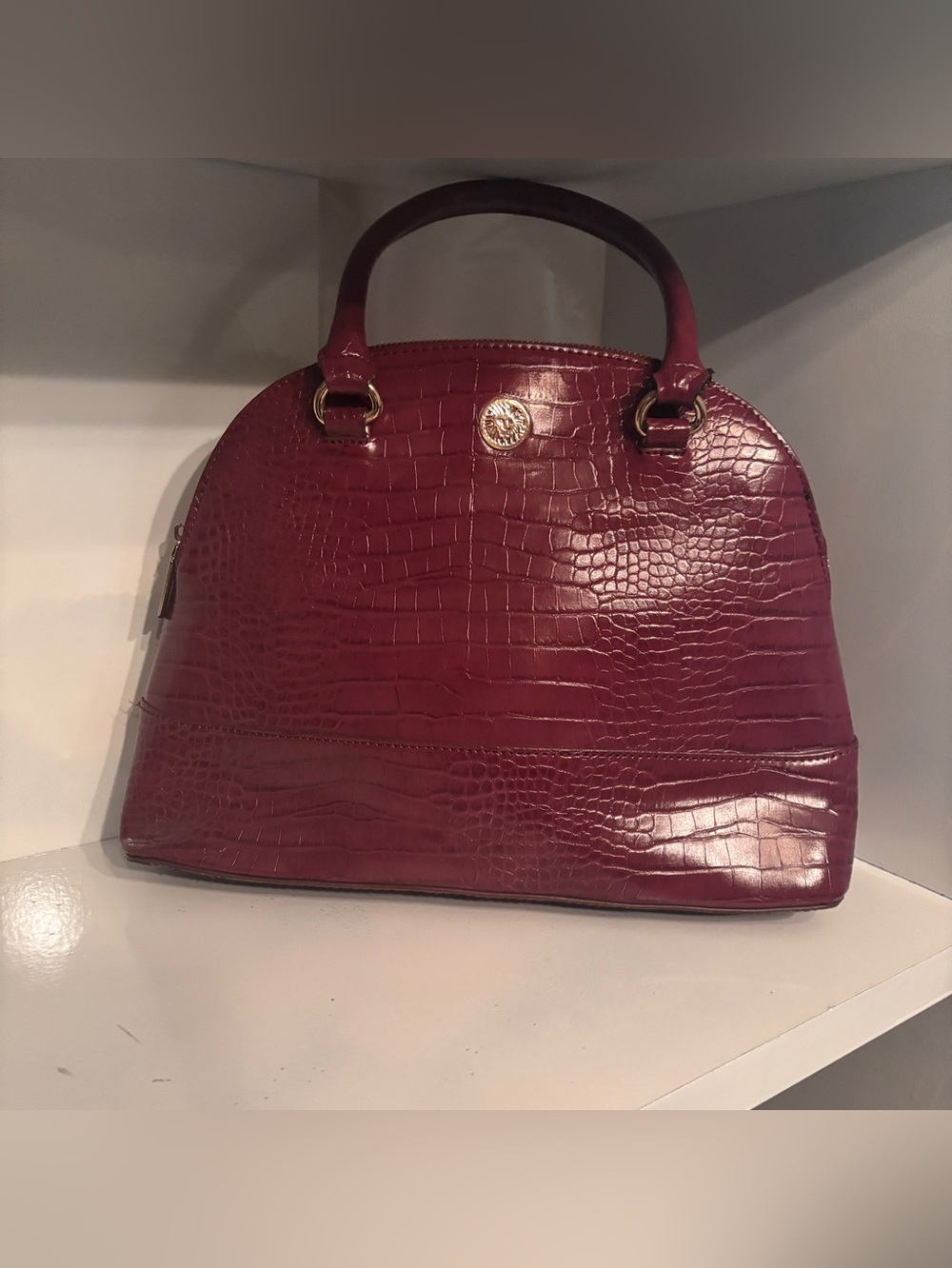 Anne Klein Croc-Embossed Satchel - Eggplant with Gold Accents - Like New
